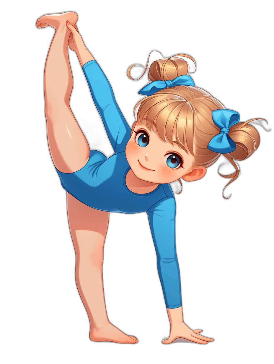 Cute little girl gymnast, with blonde hair in pigtails, wearing a blue outfit with long sleeves and pants, doing a handstand pose in the style of an anime cartoon drawing, on a black background, with blue eyes, a cute smile, and white skin, with a hair bow on her head.