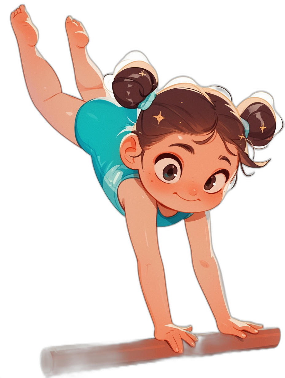 A little girl in a blue gymnastics outfit with brown hair in two pigtails doing a handstand on the balance beam. The style is similar to Disney cartoon characters with a simple design, big eyes, and a happy facial expression. It is a full body shot with high resolution and simple line art in the style of Disney Pixar illustrations. The style is flat with bright colors and simple details on a black background in a cartoon style.