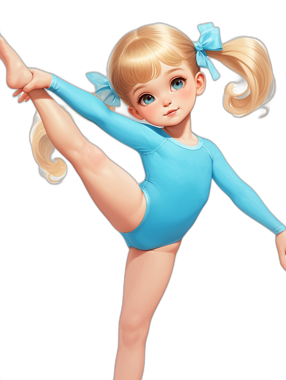 Cute blonde girl with blue eyes and pigtails, wearing light blue leotards in a gymnastics pose on a black background, in the style of [Artgerm](https://goo.gl/search?artist%20Artgerm), in the style of Disney Pixar style character design, cartoon, 2D flat illustration, full body, very detailed