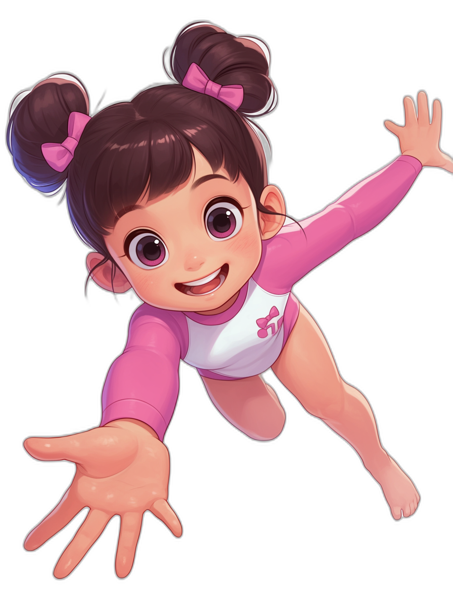 Cute little girl gymnast in pink and white with a black background, in the style of a cartoon character design sheet with cute big eyes, brown hair in pigtails, hands outstretched to the side for balance while doing a high jump pose, in the style of Disney Pixar art with a cute cartoon style.