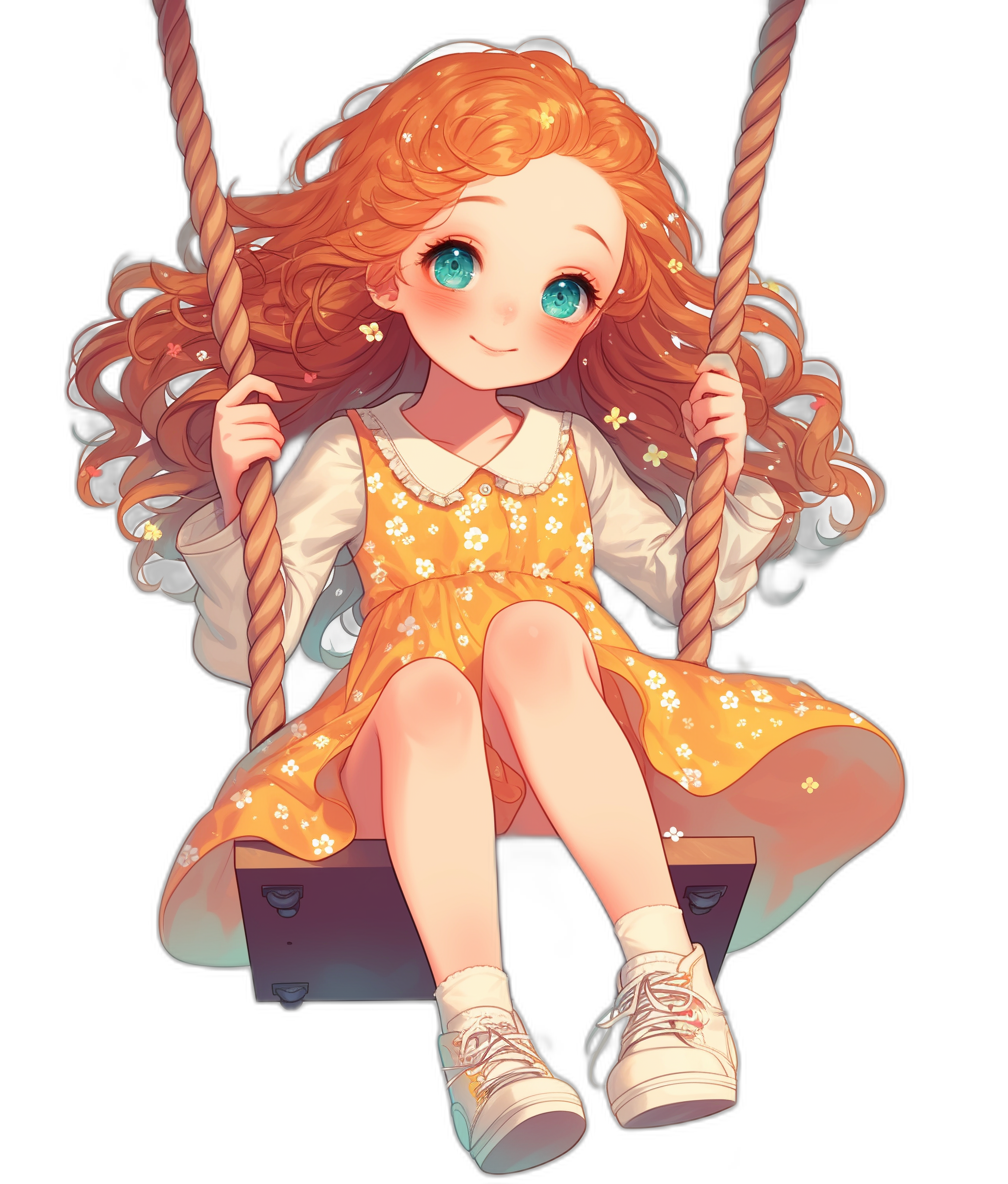 A cute girl with curly red hair and blue eyes, wearing an orange dress adorned with white flowers and sneakers on her feet is sitting happily on the swing in front of you, with a black background, in the style of anime.