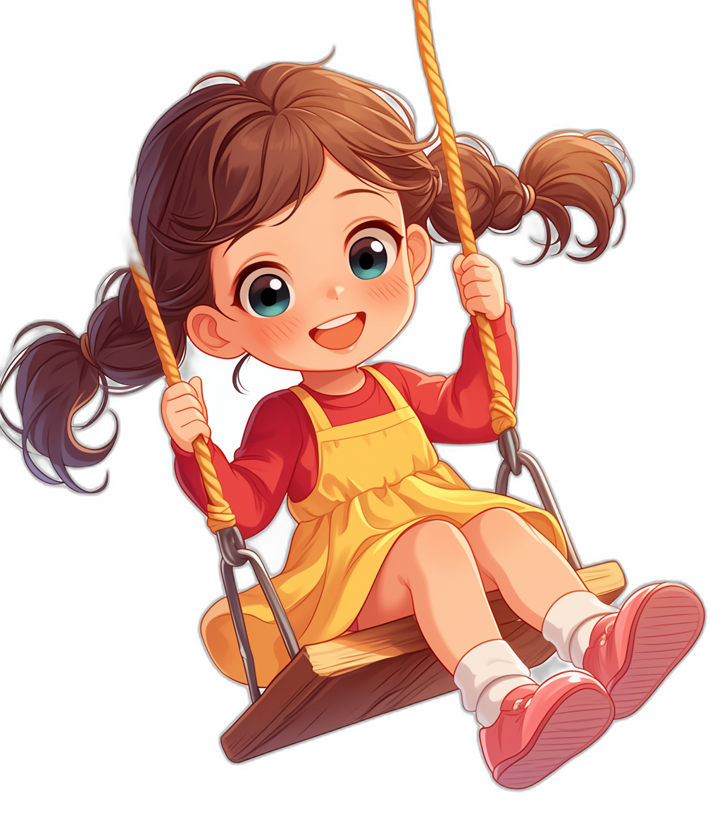 Cute little girl cartoon character sitting on the swing, smiling with a happy expression, black background, big eyes, cute hair style with two pigtails, wearing a red long-sleeved top under a yellow apron over white tights and pink shoes, high definition, colorful cartoon illustration, detailed illustration, cartoon character design in the style of no artist, solid color background, flat cartoon design, high resolution