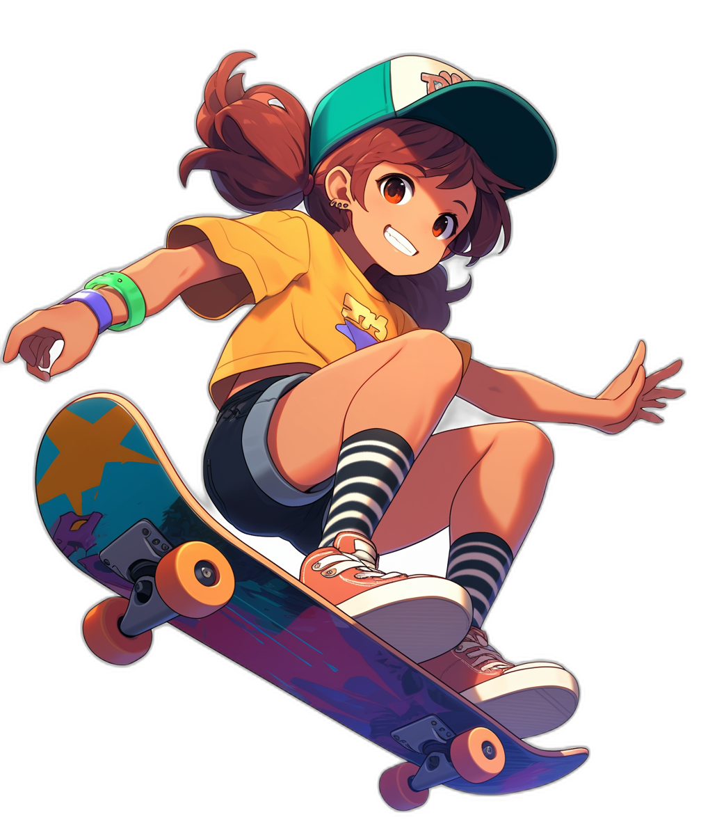 A girl is skateboarding in an anime style with a black background and high resolution. She wears a cap with sleeves on her head, striped socks around the ankle, dark brown hair tied back, a yellow t-shirt, a green hat, a short skirt, blue shoes, a smiling expression, a focused posture, jumping movements, a colorful skateboard, and a confident gaze. in the style of anime.