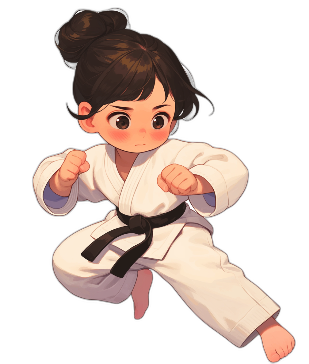 A cute little girl in a white karate uniform, with a black belt around her waist and chest and black striping down the sleeves and pants, doing an air leg kick pose. Black background. In the style of chibi, with an anime cartoon character design. She has dark brown hair tied into two buns on top of her head. Her eyes have big round circles drawn all over them to make it look like she’s in an air shot. Full body view. In the style of Pixar and Disney.