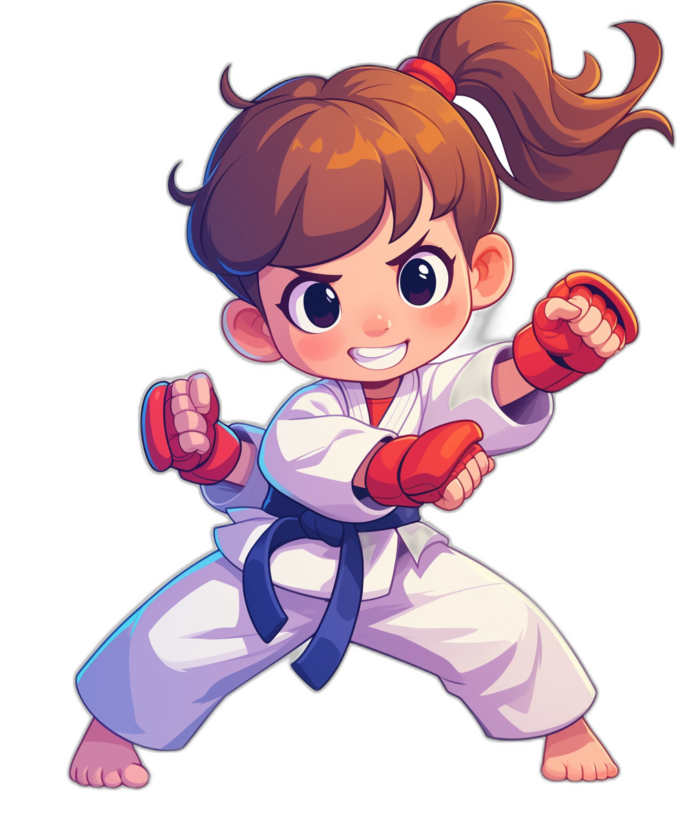 A cute little girl is practicing karate, with big eyes and an adorable smile on her face. She wears white karate pants, a red belt around her waist, and blue gloves against a black background. The illustration is in a cartoon style and vector format. It is a full body portrait showing her full length at a full shot angle. The image is high resolution and in the style of a cartoon illustration and game art.