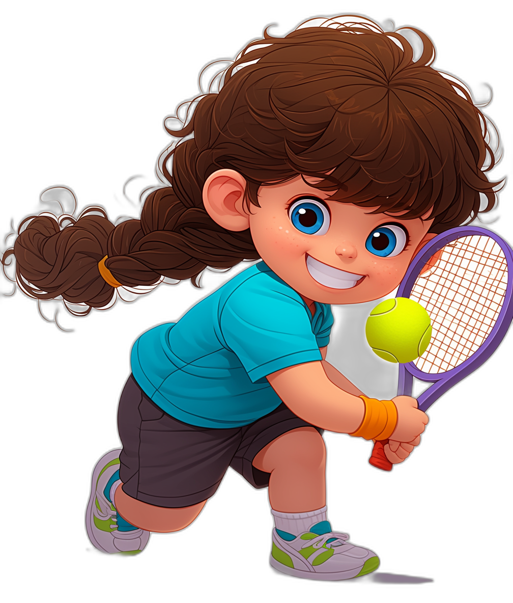 Cute girl playing tennis in a cartoon style with a black background, character design for a children’s book illustration. She is wearing a blue t-shirt and grey short pants, with brown hair in pigtails. She is holding a racket while hitting the ball, with vibrant colors and a playful atmosphere. Illustration in the style of digital art, high resolution, 2D vector graphics.