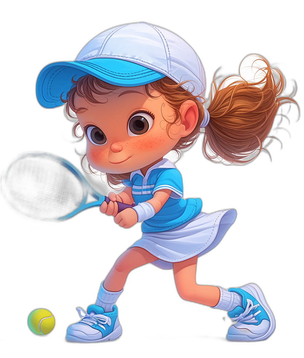 cute little girl playing tennis, blue and white outfit, big eyes, in the style of cartoon, vector art, black background, wearing cap