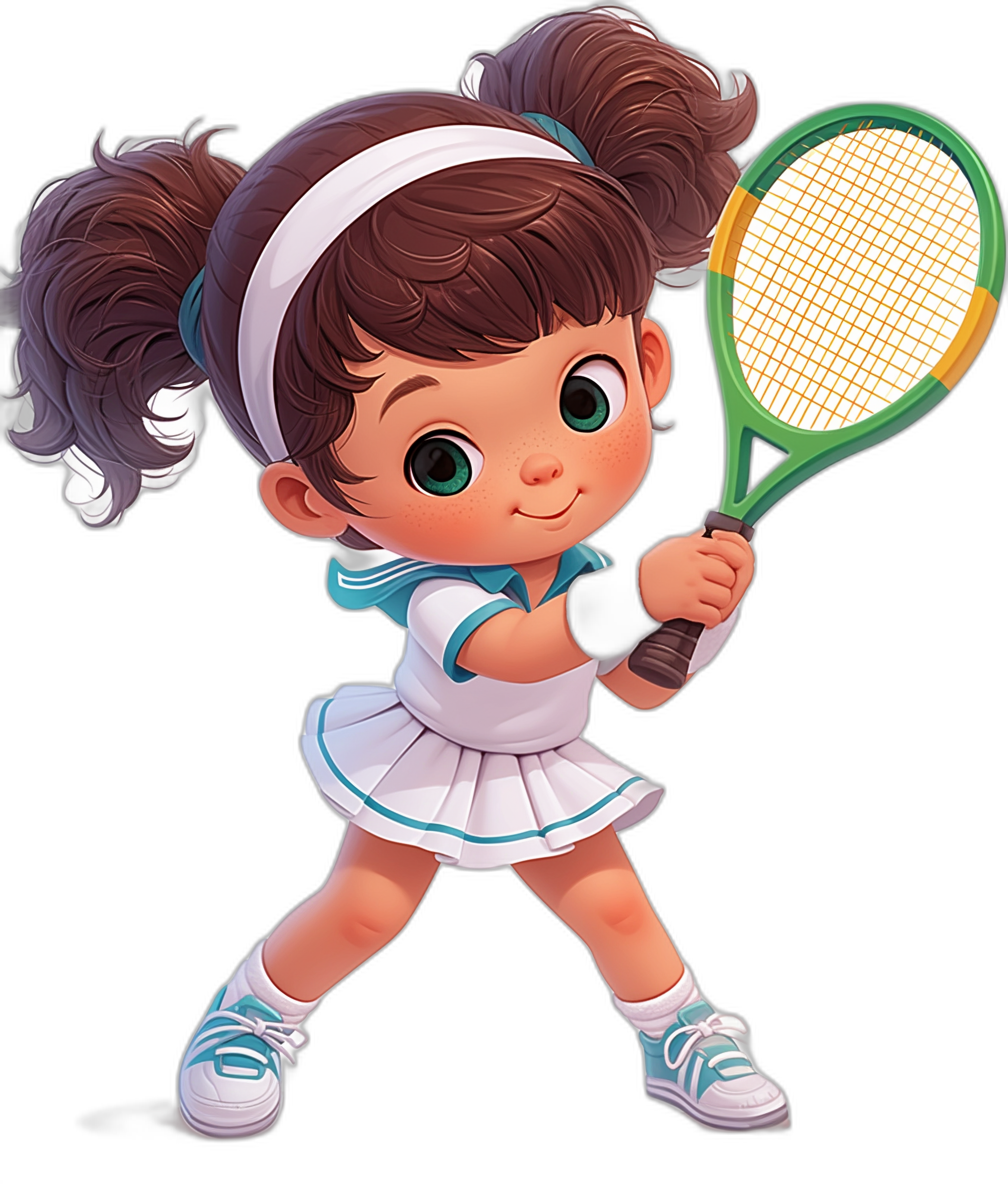 Cute little girl playing tennis, white skirt with blue lines on the chest and black shoes, cartoon style, big eyes, double ponytail hairstyle, holding a racket in hand, simple background, 2D game art, in the style of Pixar, in the style of Disney animation, Disney-style illustration.