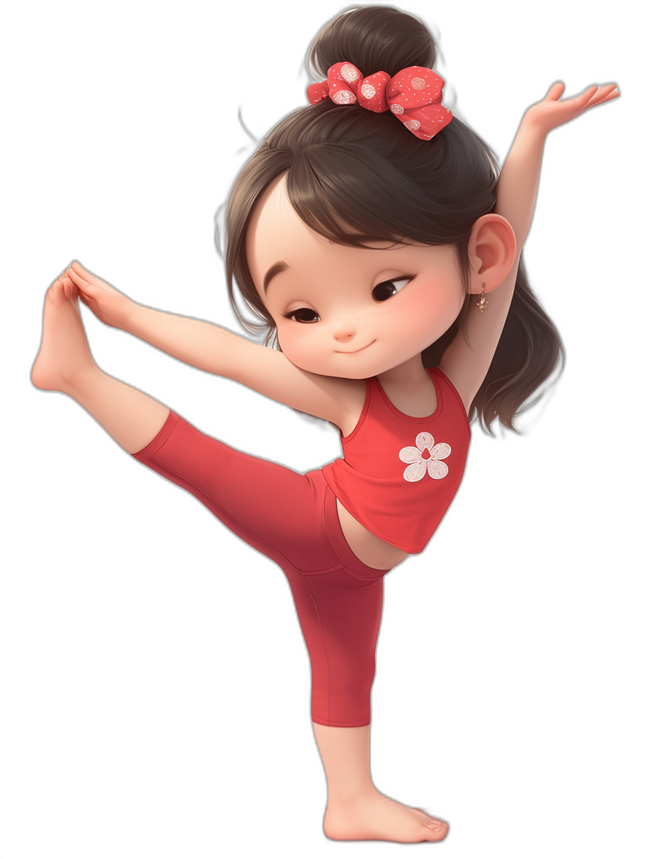 A cute little girl doing yoga in the style of cartoon, with a red outfit featuring white flowers on the chest and a black background in the style of cartoon Disney Pixar characters, as a 3D rendering with a cute expression. It is a full body photo from the side view, with high definition and high resolution on a solid color background. She is stretching her legs in front of herself. Her head has two small ponytails tied with hair bangs, with a focus on her leg in a closeup.