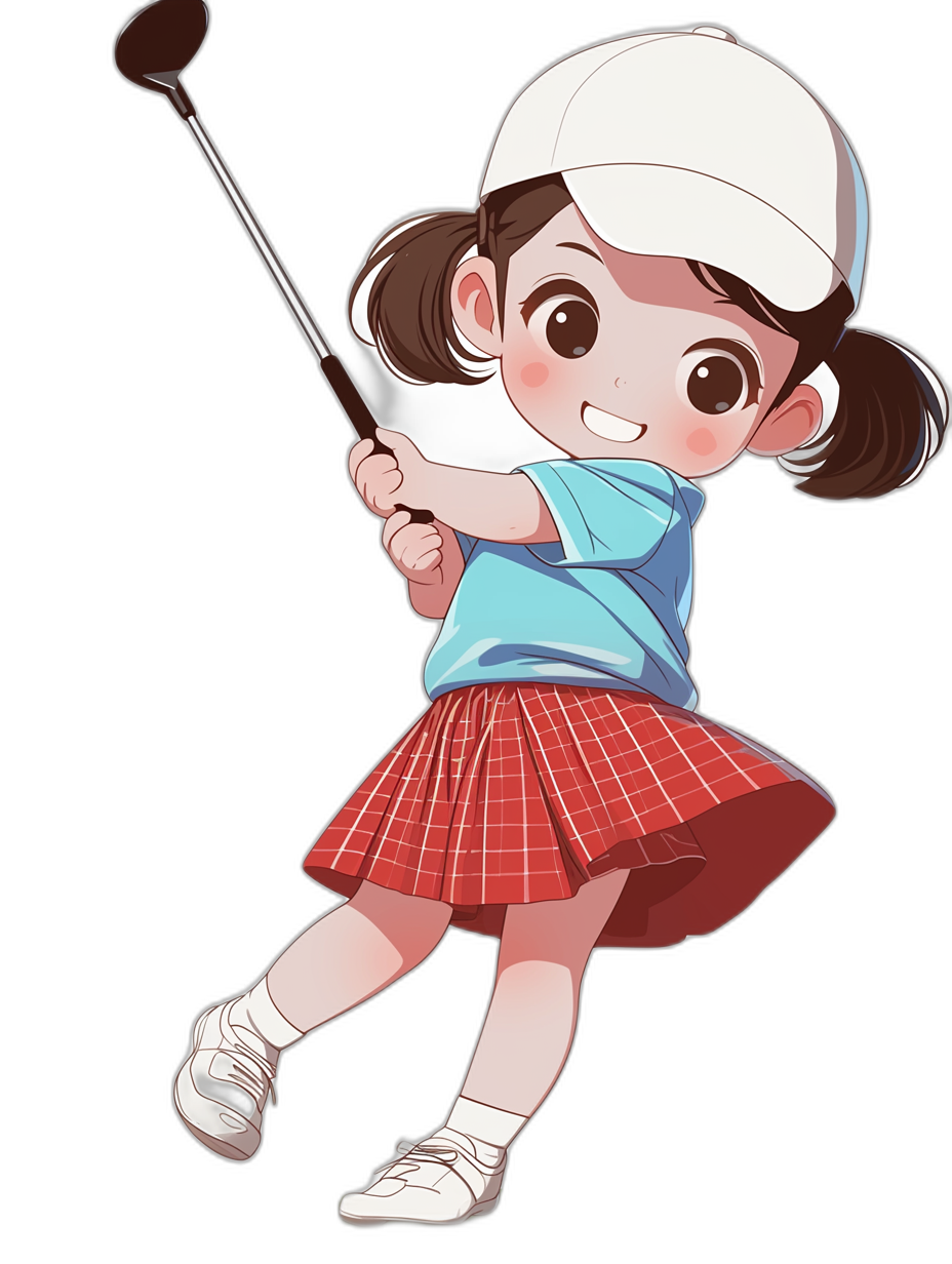 A cute little girl playing golf, wearing a red plaid skirt and white cap with a blue t-shirt, in the style of a vector illustration, on a black background, shown in a full body shot, with big eyes, in a chibi character design with a big head and small body, with a cute cartoon face, wearing solid color , holding a golf club in her hand and swinging it forward.