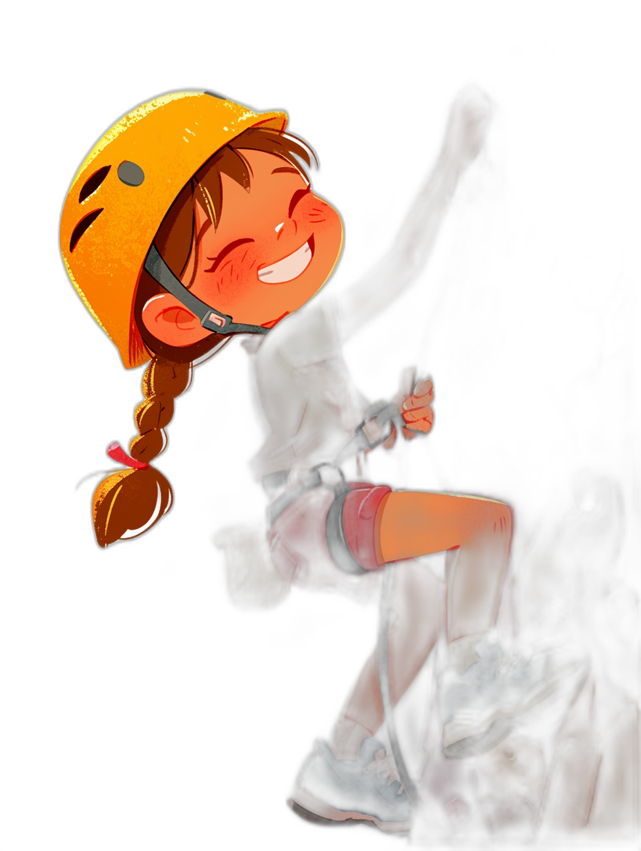 A cute little girl in climbing gear is smiling and holding onto the rope with one hand while hanging from it on her head. She is wearing an orange helmet and red shorts against a black background. The scene is depicted in the style of a cartoon with bright colors and high resolution.