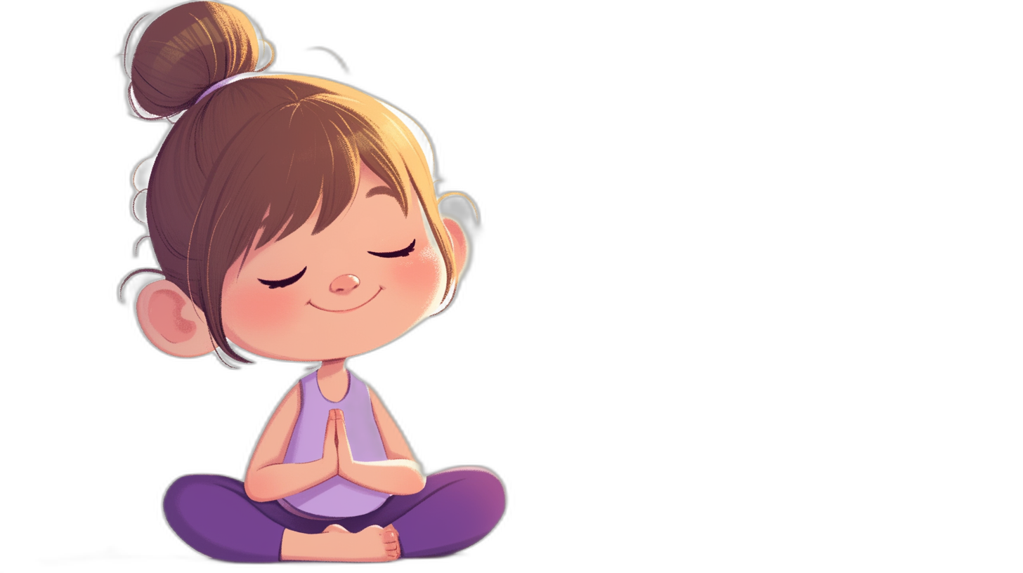 A cute little girl is doing yoga in the style of cartoon style, with simple lines, on a black background, wearing purple , with her hands folded in prayer in a meditation pose, with a cartoon character design in the style of Disney Pixar animation, at a high resolution with super detailed.