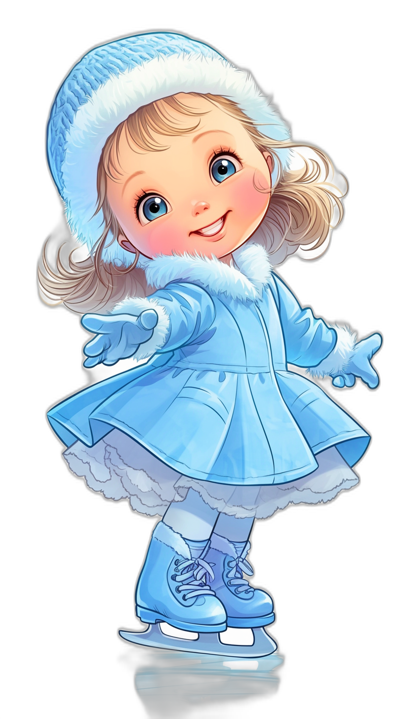 Cute little girl ice skating, wearing a blue dress and hat with white fur trim, in a clipart style on a black background, in the illustration is a cartoon character design in the style of [Walt Disney](https://goo.gl/search?artist%20Walt%20Disney). The doll has blonde hair, big eyes, a smiling face, a full body portrait, wearing light colored shoes, isolated on a dark black background, high resolution, high quality, high detail.