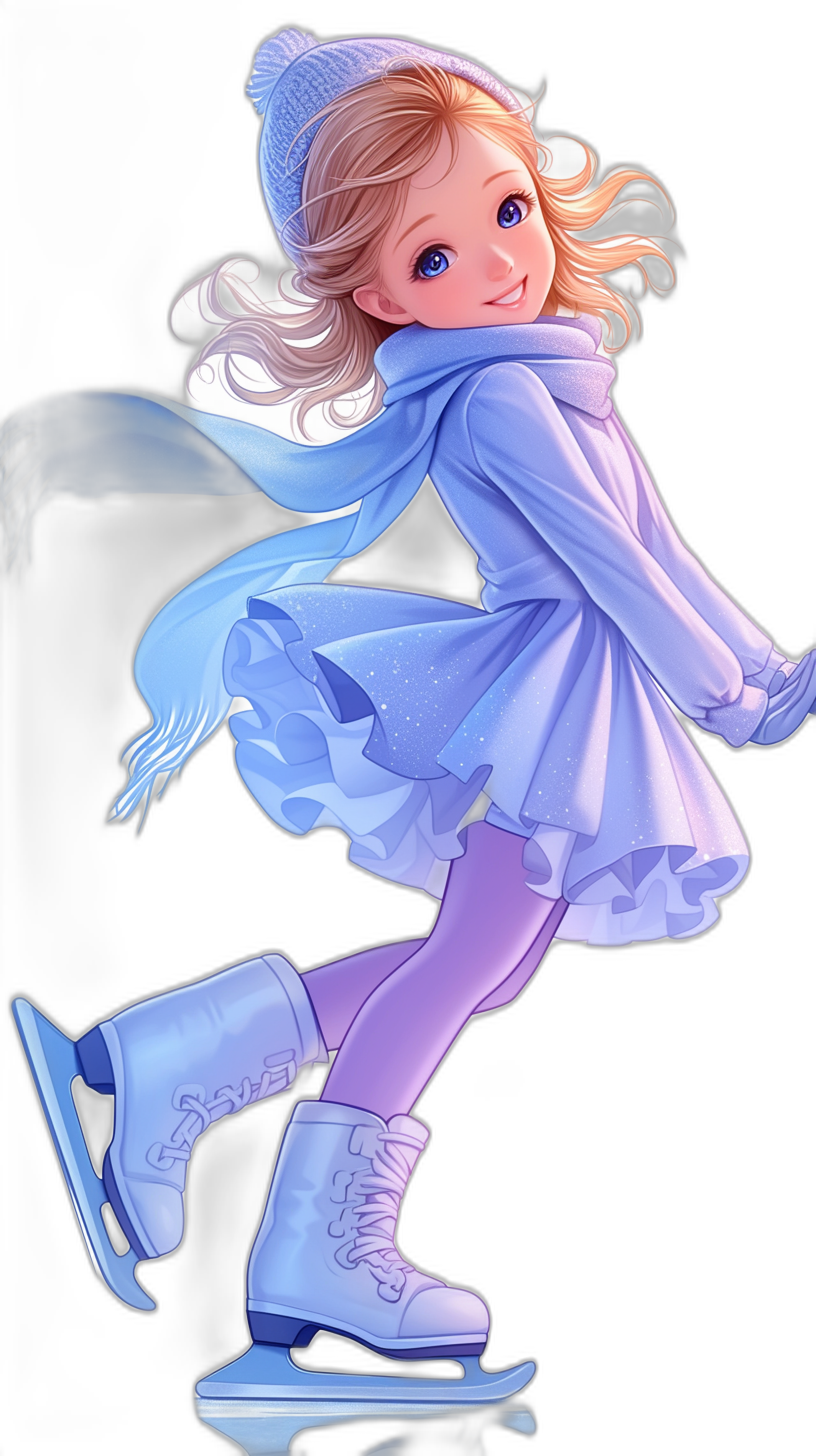 A cute little girl ice skating, wearing a blue dress and white boots with purple tights underneath, with blonde hair and blue eyes, in the style of a cartoon, on a black background, as a digital art piece, a cute and detailed full body illustration, with high resolution, high detail, and high quality in a hyper realistic style.