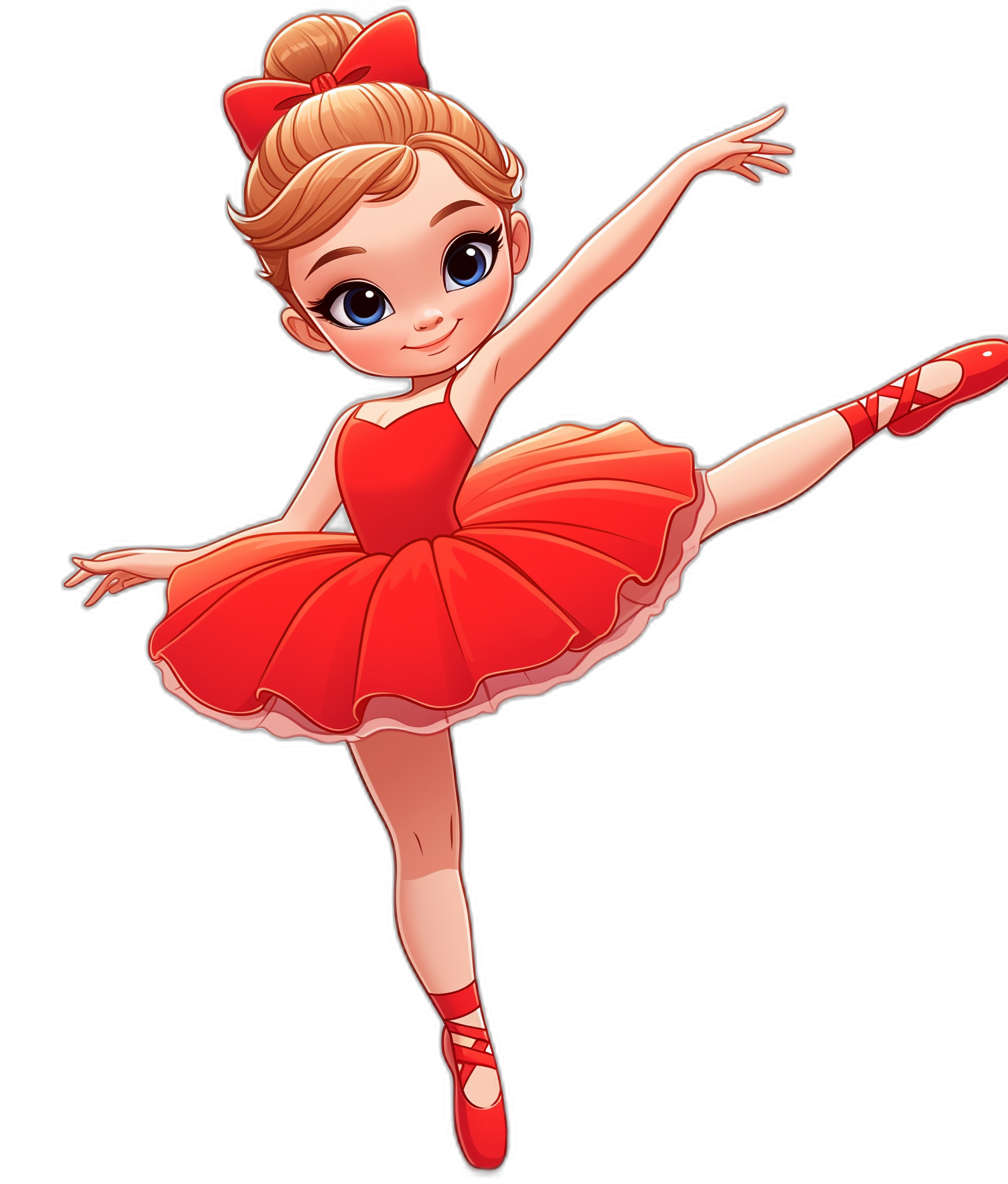 Cartoon ballerina, red dress and shoes, blonde hair in bun with bow on head, dancing pose, black background, vector illustration style, simple lines, flat design, cute character, in the style of Disney Pixar cartoon animation, high resolution, high detail, colorful colors, bright colors, adorable little girl wearing a short tutu skirt, big blue eyes, smiling face. The expression should be joyful and cheerful. The ballerina has her arm out to one side.