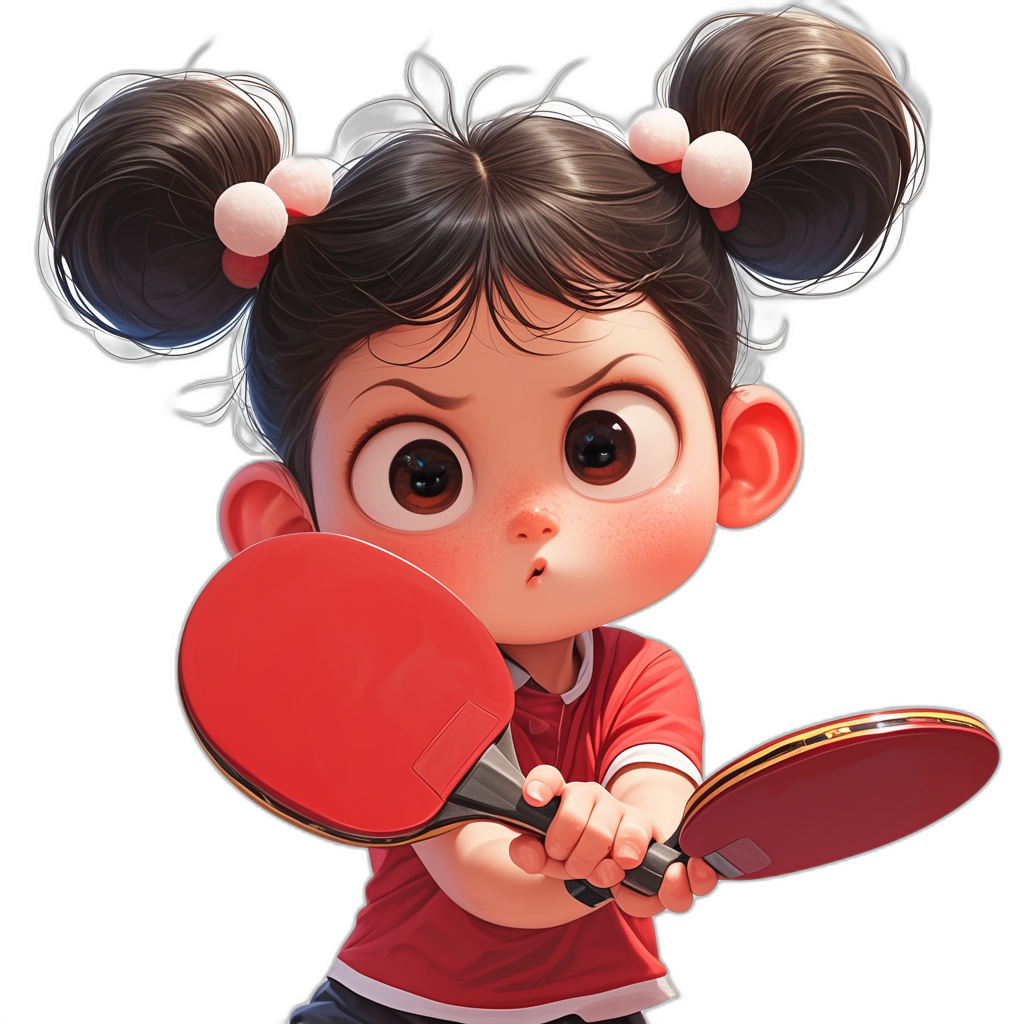 A cute little girl with big eyes is playing table tennis, holding the racket in both hands and ready to hit the ball, wearing red short sleeves and black pants on her lower body, with two pigtails hairstyle, in the style of Chinese illustration, with a cartoon character design, on a solid color background, shown from the front view, in the style of Pixar.