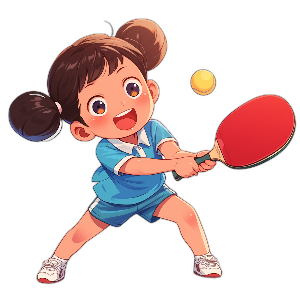 A cute little girl playing table tennis in a vector illustration style in the style of [Studio Ghibli](https://goo.gl/search?artist%20Studio%20Ghibli)’s Miyazaki, on a simple black background, wearing blue and white sports  with short brown hair tied into pigtails. She is holding her red wooden ping pong bat ready to hit a yellow ball that she has just served. “PINGPANG” is written on top of it.