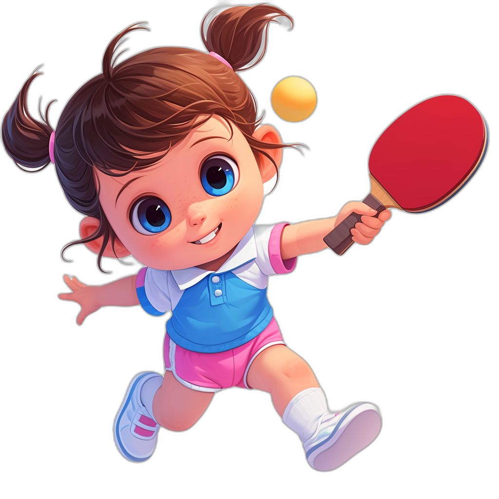 Cute cartoon girl playing table tennis on a black background in the style of clip art. The character design is cute with colorful 2D game art animation stills showing a full body portrait and closeup of the face in high resolution.