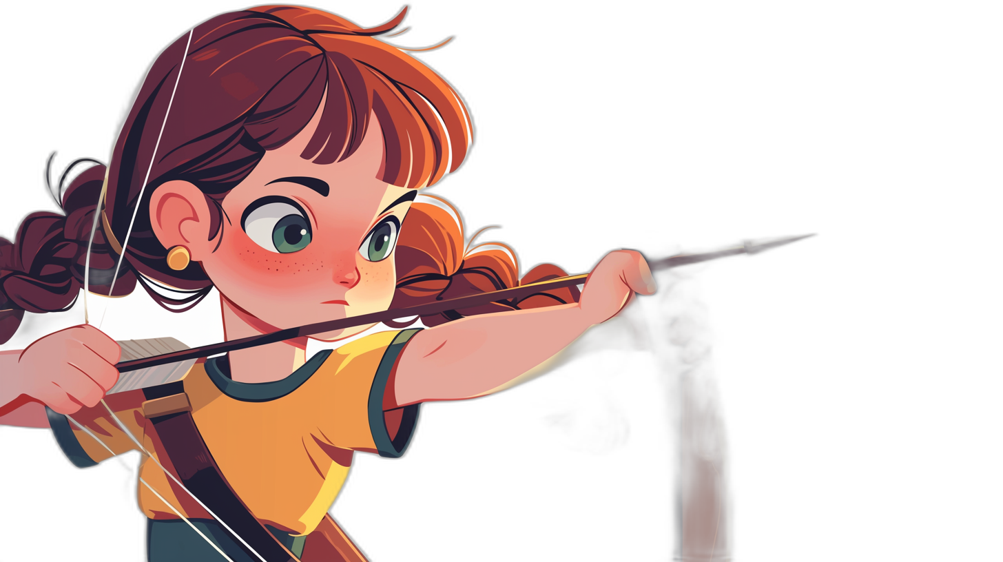 A cute little girl with big eyes, shooting an arrow in the style of Pixar and Disney animation studios. She has brown hair that is tied into two pigtails. The background should be black to highlight her against it. Her outfit have yellow details on them. The illustration is in full body, she holds a bow in one hand while aiming at something. In digital art, flat design, vector graphics, 2D, simple lines, flat colors, high contrast.