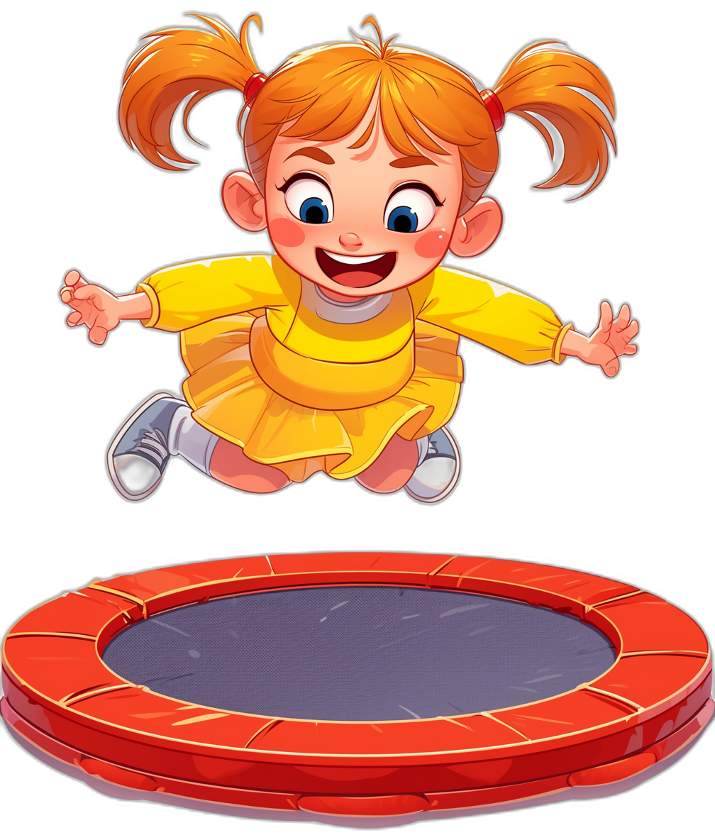 A cute cartoon of smiling little girl with pigtails jumping on trampoline, clip art style, vector graphic design, colorful, black background, no shadows, high detail, no shading, high resolution, very detailed