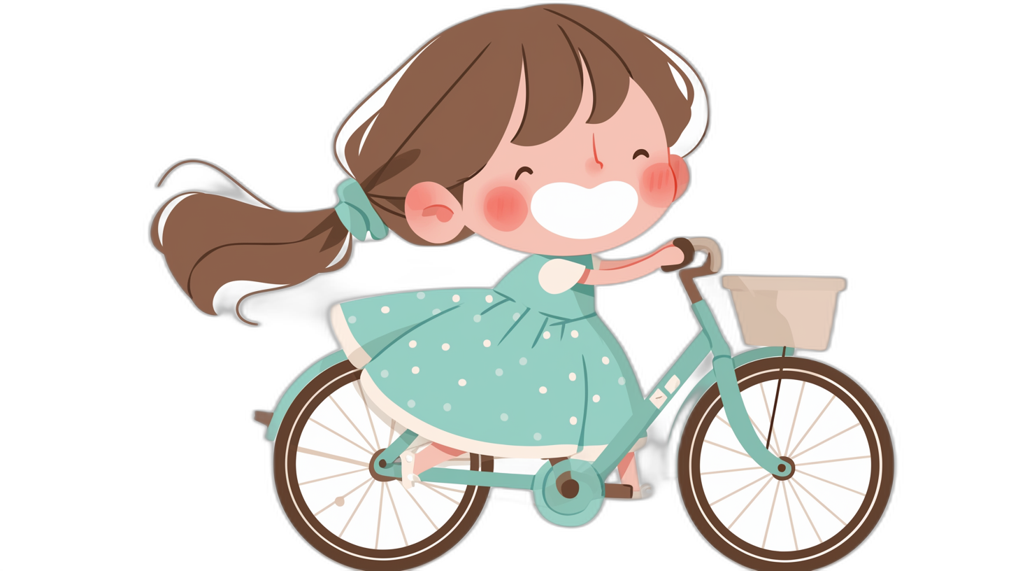 A cute little girl is riding her bike, smiling with big eyes and brown hair in pigtails. She wears a light blue dress with white dots in a flat vector design illustration in the style of an Adobe Illustrator artist on ArtStation against an isolated black background with no shadows in high resolution.