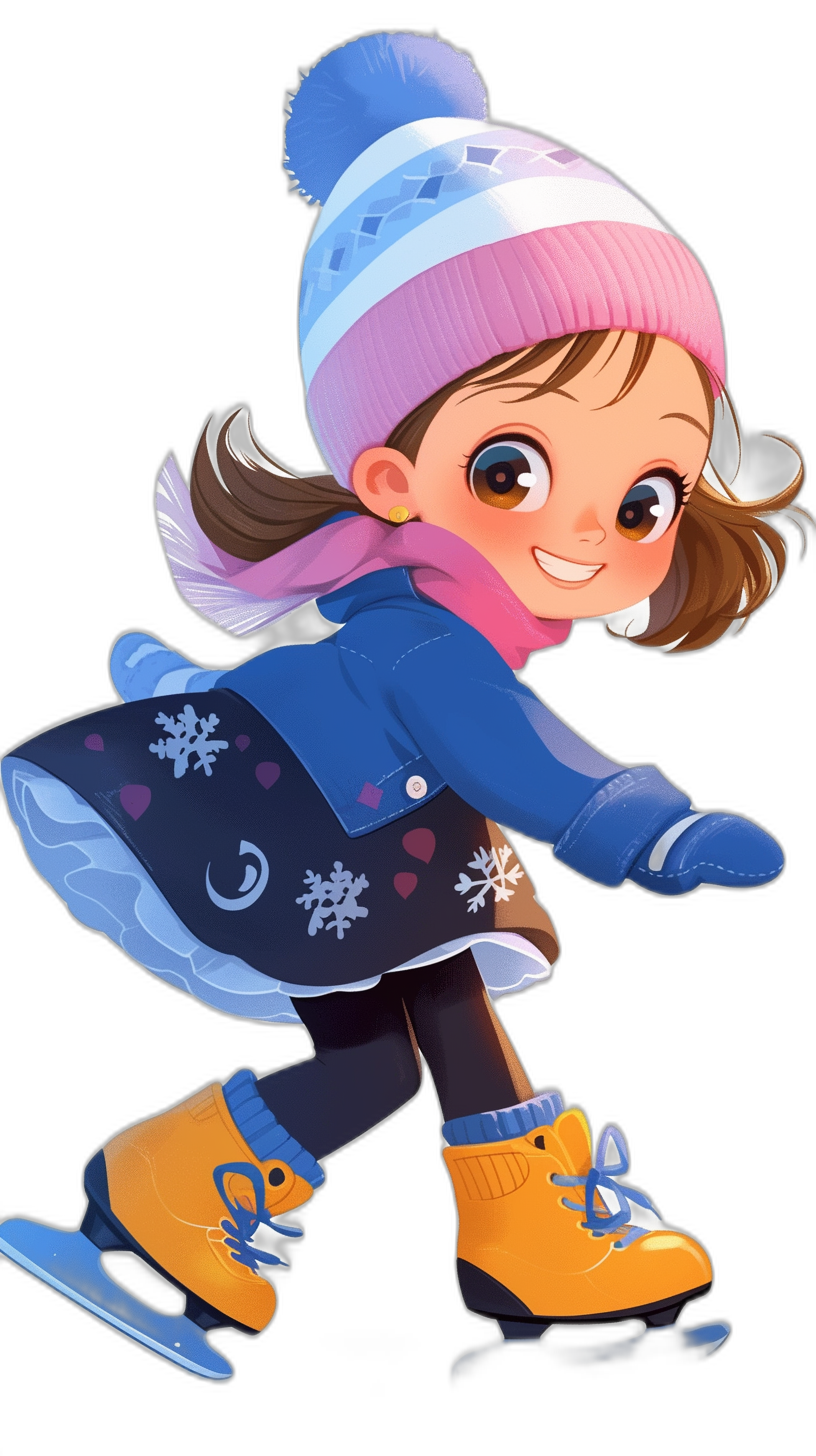 A cute little girl is ice skating, wearing blue and pink winter  with snowflakes on them against a black background. The style is cartoon-like with colorful , big eyes, and a smile. It has the design of a cartoon illustration in the style of Disney Pixar animation character design and cartoon character design, showing her full body with black shoes.