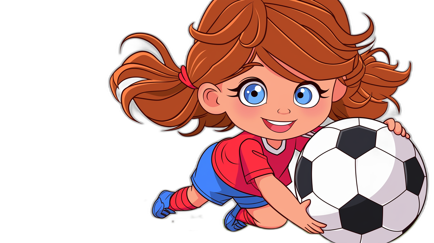 cartoon girl playing soccer, red and blue jersey, brown hair in ponytail, holding ball on black background, clip art style cartoon illustration, high resolution vector