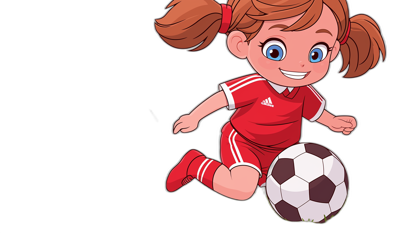 A cute little girl in red soccer uniform kicking the ball, cartoon style, vector illustration, black background, cute, simple lines, flat color blocks, no shadows on body, simple details, fullbody shot, closeup of face and upper half, happy expression, big blue eyes, red hair tied with two pigtails behind her head, white skin tone, short height, playing football action pose, simple colors, simple shapes, simple details, fulllength portrait, fullshot angle.