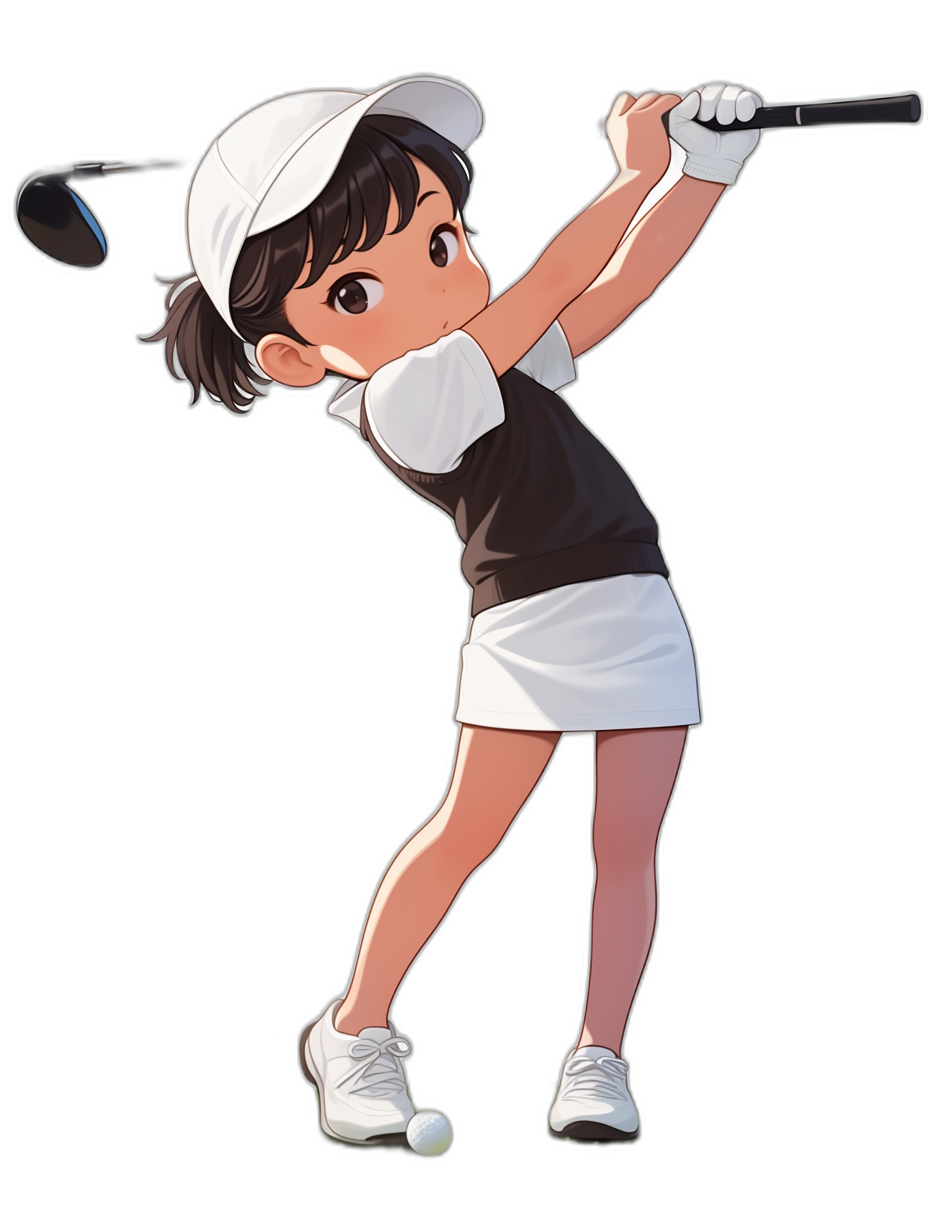 A cute girl playing golf, wearing white shoes and a black skirt, in the style of anime, a full body shot, with a simple background, a black background, a white cap on her head, swinging the club with one hand to hit the ball, a cartoon illustration, high resolution, with simple details, best quality, best lighting, perfect shading, best color matching, 3D rendering.
