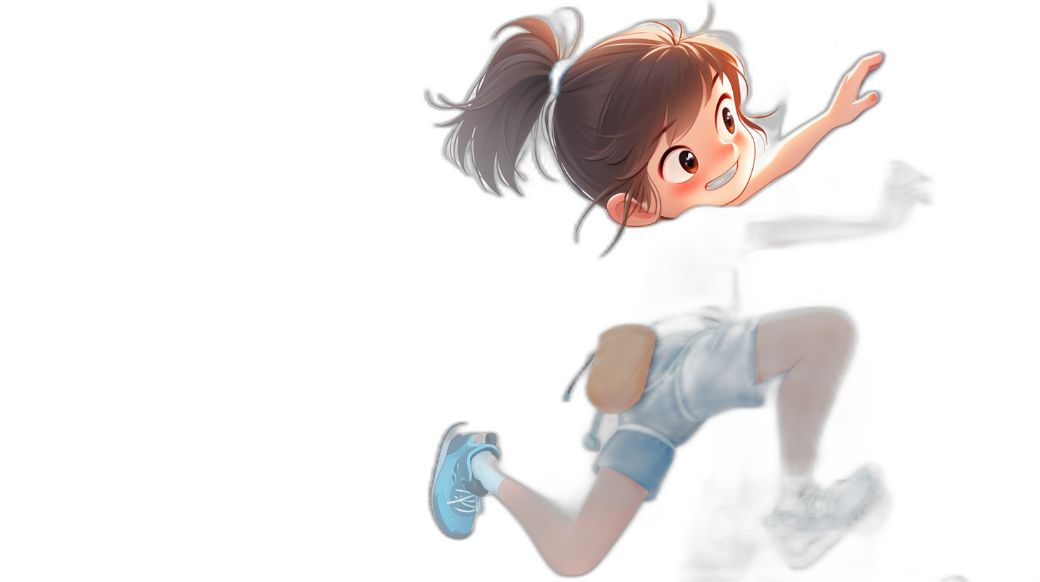 A cute little girl with short hair in sportswear jumps and takes off in the style of anime, dark background, cartoon character design, high quality, high resolution, high detail, full body, black shoes.