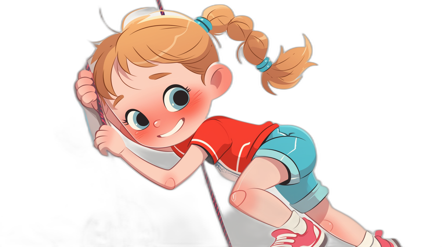 A cute little girl with blonde hair in pigtails, she is wearing red and blue shorts and white socks on her feet, the cartoon character from family guy has been drawn in the style of anime, he looks happy while climbing up a rope that led to his school’s gymnasium where they play sports at night time, black background, 2D game art style, clean lines, high resolution, high quality, high detail.