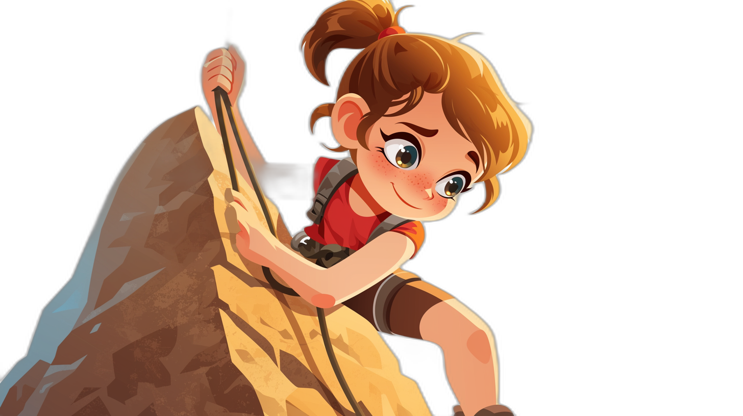 A cute cartoon girl climbing on the side of a big boulder, with climbing gear and ropes, with brown hair in pigtails, wearing a red tshirt with a white collar, against a black background, in the style of Disney Pixar character design.