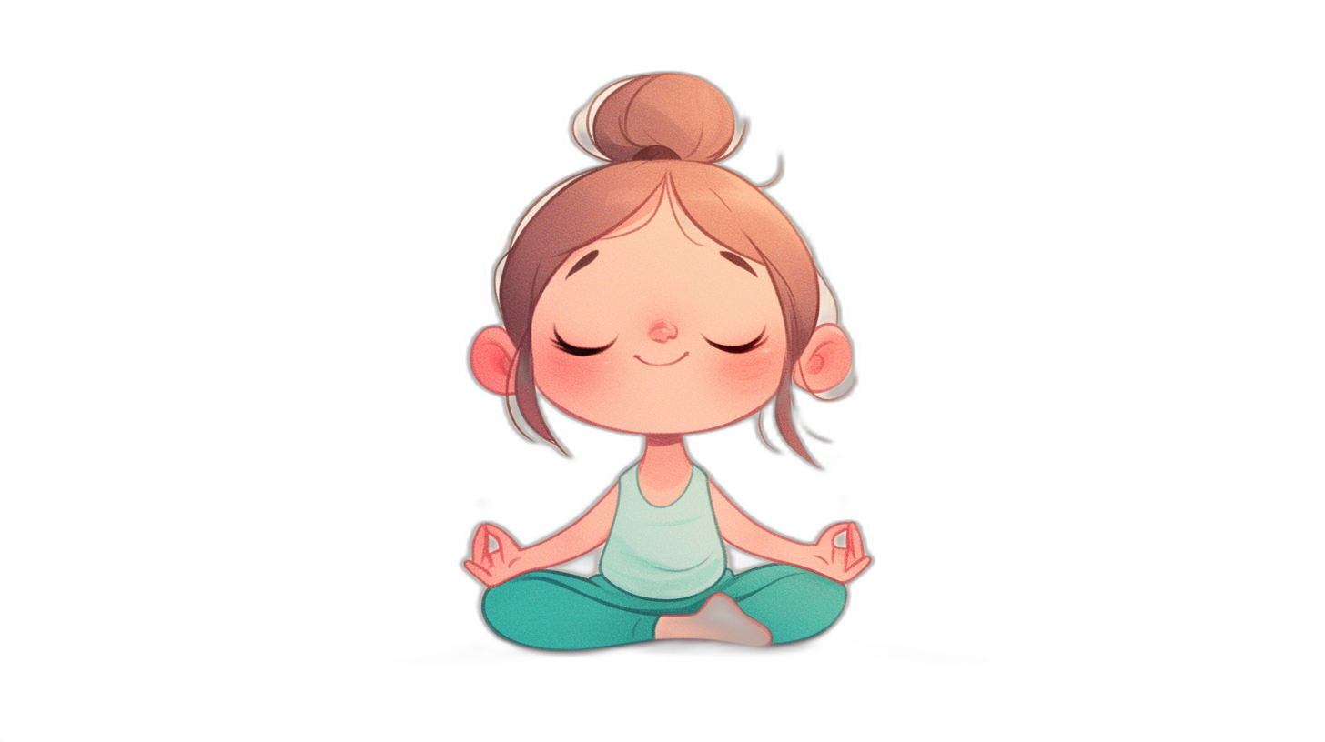 chibi yoga girl sitting crosslegged, eyes closed and smiling softly with her head tilted back slightly in meditation pose on black background, simple flat illustration, cute adorable cartoon character design, cute, adorable, simple, minimalistic, low details, no shadows, high resolution, high quality,