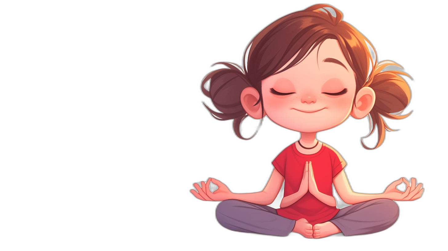 cartoon girl meditating, simple design with simple colors on a black background, in the style of Pixar, cute cartoon character