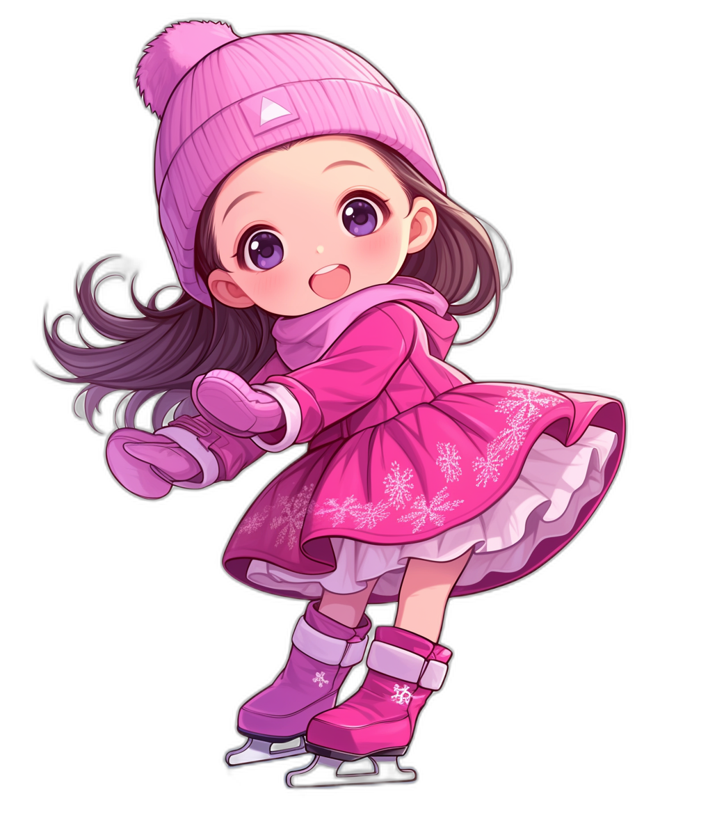 chibi, girl with dark brown hair and purple eyes wearing pink dress coat hat gloves shoes ice skating, full body black background, pink color theme