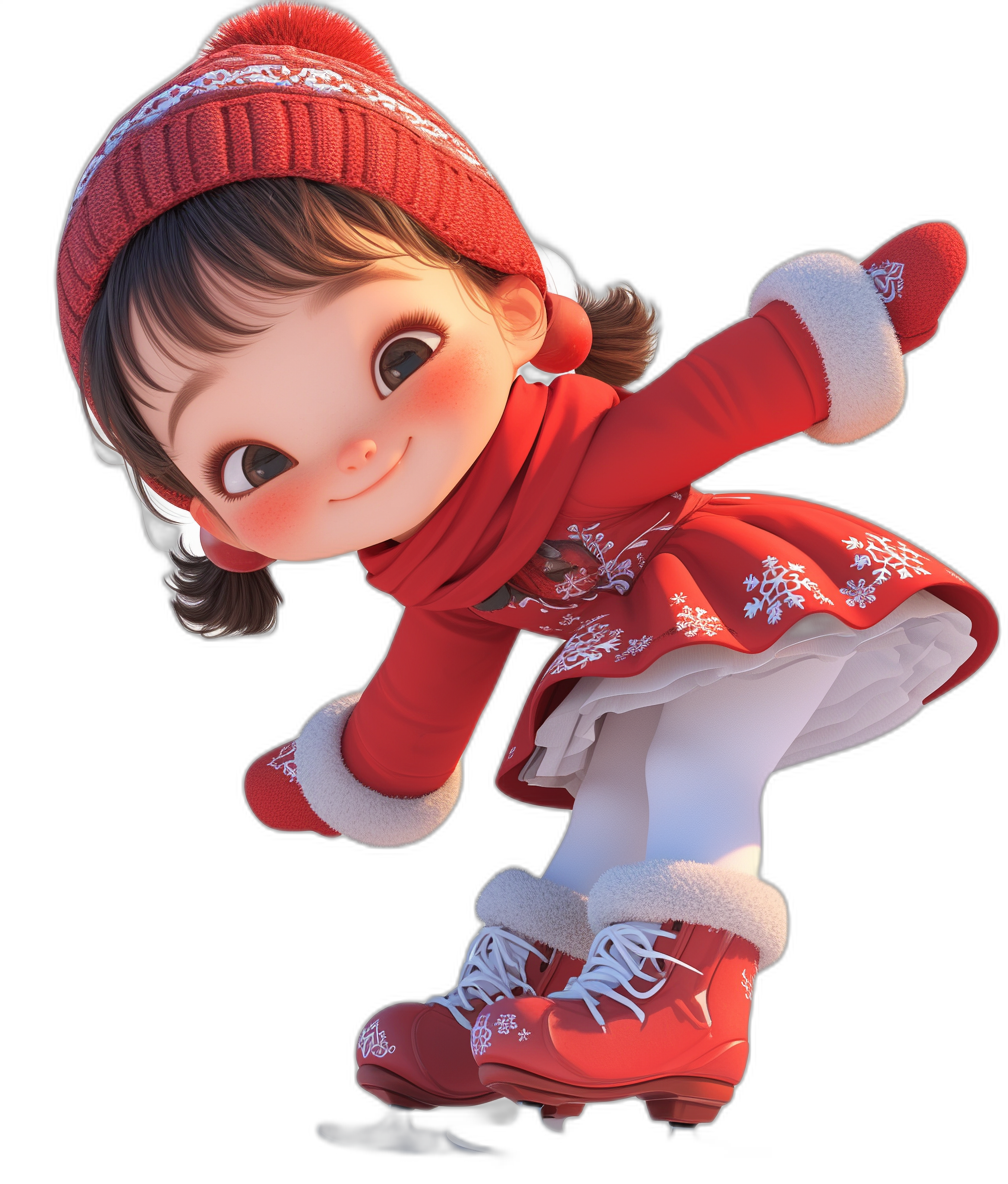 A cute little girl in a red dress and white tights is ice skating, wearing skates on her feet and a hat with a snowflake pattern. She has big eyes and brown hair. The picture features exquisite details, high resolution, and is rendered in the style of Pixar and Disney with a black background and cartoon character design reminiscent of 2D game art.