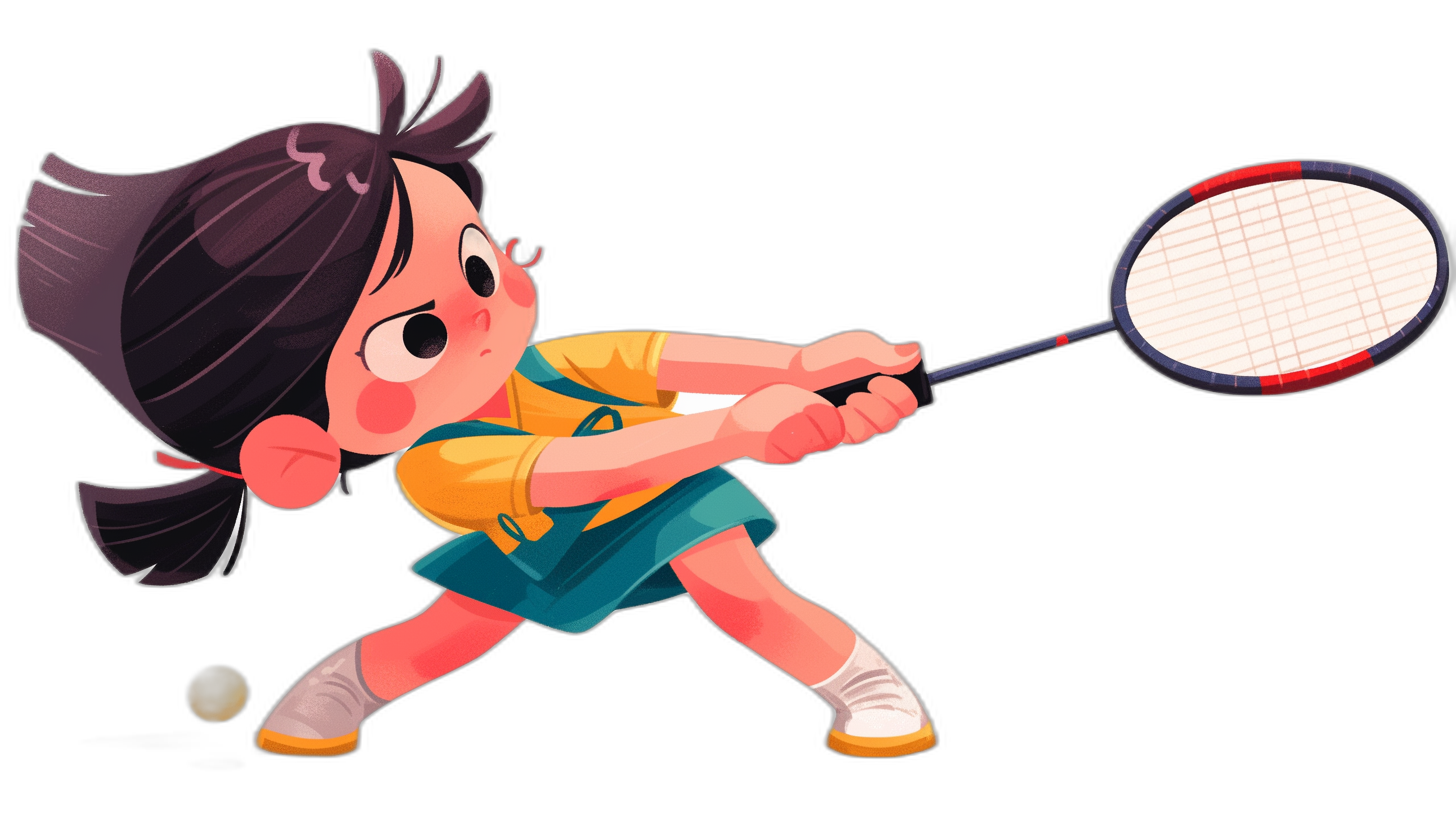 A little girl playing badminton, wearing yellow and blue with short black hair in the style of Japanese anime, playing on her side, hitting a ball with a racket, cartoon character design, simple illustration style, solid color background, high quality, high resolution, cute, in the style of Pixar Disney, black border.