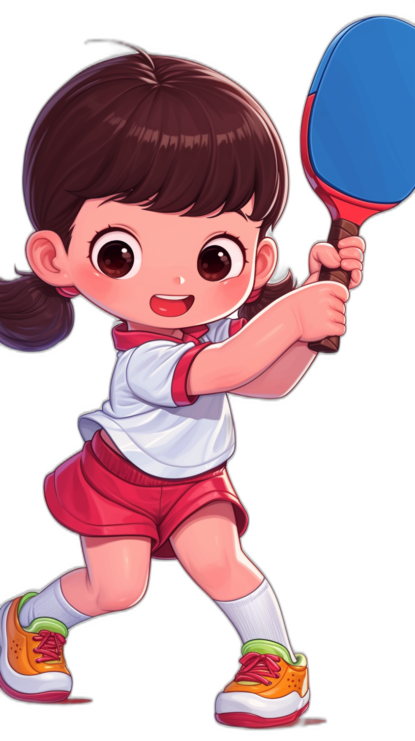 Cute little girl playing table tennis, red and white school uniform with short skirt, black hair in big ponytail, brown eyes, smiling expression, holding blue purple pink Adidas paddle racket, wearing colorful sneakers on feet, Pixar style cartoon character design illustration, pure black background, flat color drawing, full body portrait, high definition, super detail, high resolution, best quality