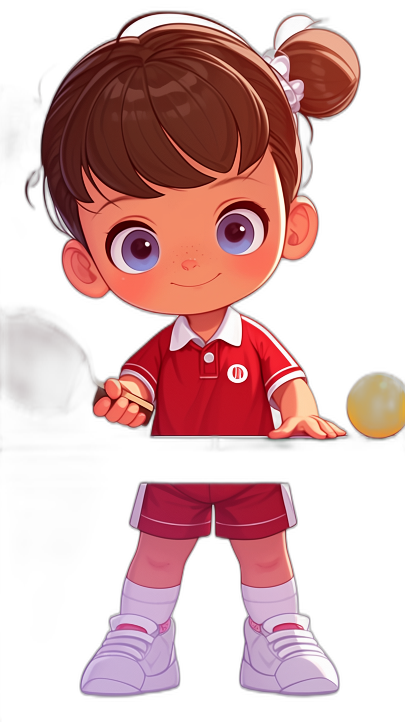 A cute little girl in a red and white table tennis uniform playing table tennis against a black background in the chibi style. This flat color illustration is a full body shot of the girl with big head and small limbs in a cartoon character style. The image is cute and colorful with simple details presented in high resolution, high quality and high definition with high sharpness and high contrast. The adorable and lovely depiction of the girl is beautiful.