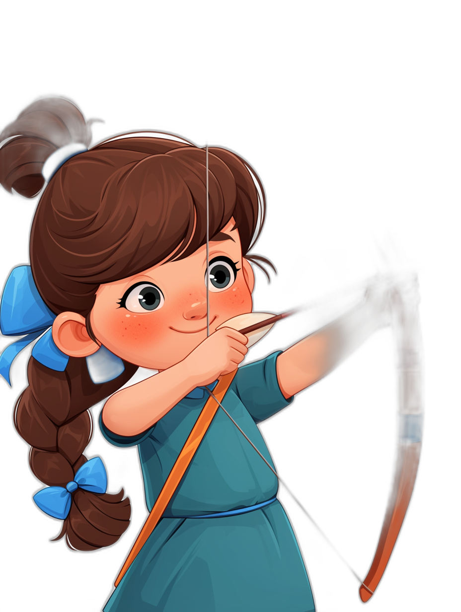 A cute little girl with brown hair in pigtails, wearing a blue dress and holding an arrow ready to shoot, in the style of Disney, as a cartoon character on a black background, cute digital art.