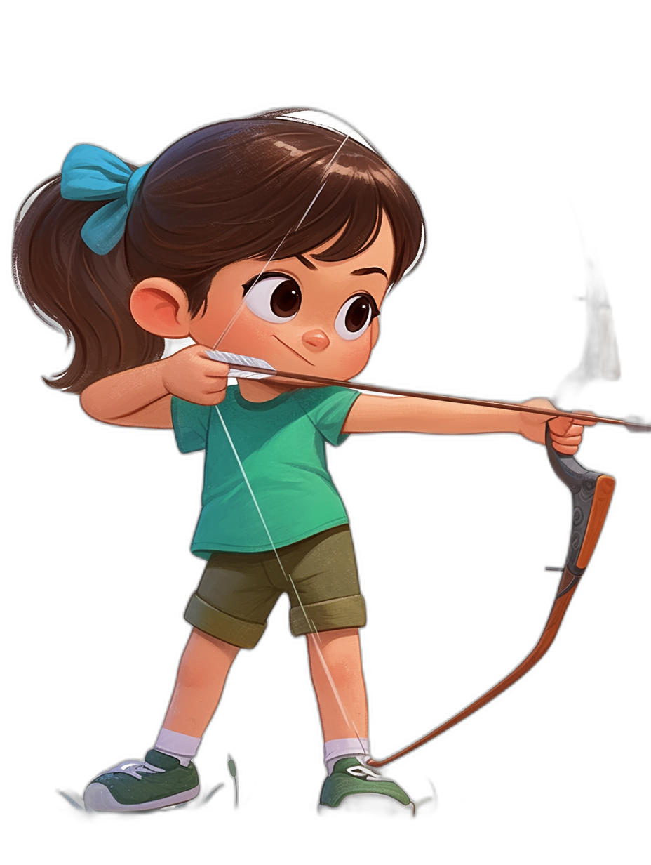 A cartoon illustration of a young girl with brown hair in pigtails. She is wearing a green shirt and khaki shorts, holding a bow and arrow ready to shoot against a black background, in the style of Disney Pixar.