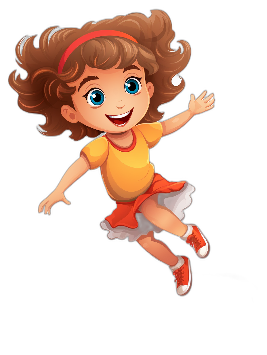 A cute little girl is jumping up in the style of Disney. She has a cartoon character design with a black background. She wears red shoes and a yellow short-sleeved T-shirt with an orange skirt. She has curly hair and a headband. Her eyes are big and she has a smiling expression, creating a happy atmosphere. Bright colors are used in the full body portrait, which has high definition and high resolution as an illustration.