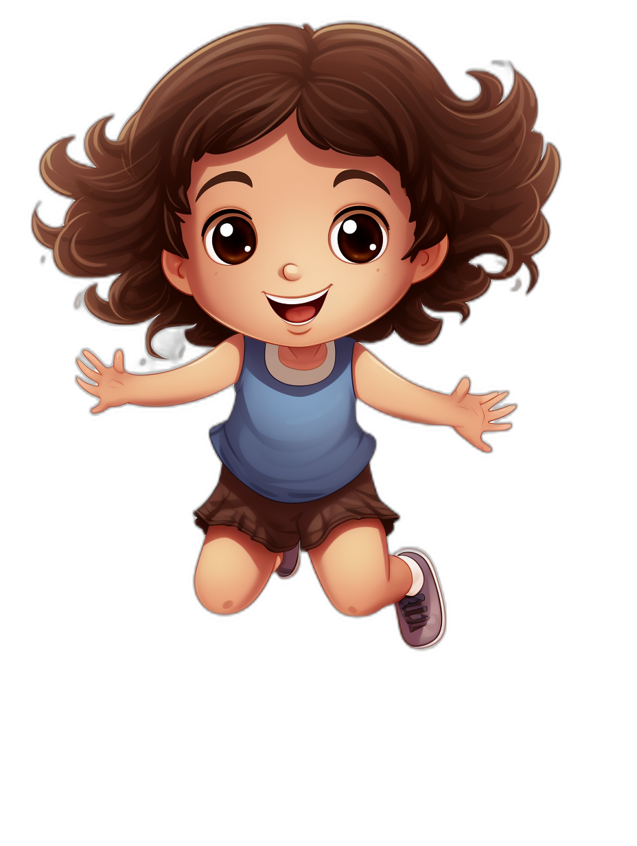 chubby brown haired little girl with a blue shirt and dark shorts jumping in the air on a black background, smiling with big eyes in the style of a cute cartoon character design.