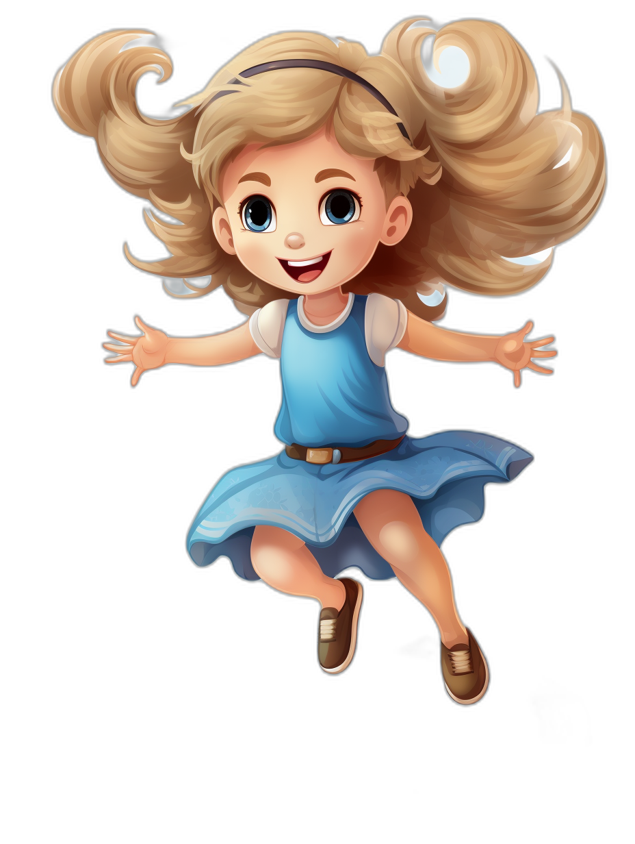 Cute blonde girl with blue eyes and hair in pigtails, wearing a skyblue dress jumping up high, smiling in the style of Pixar character design on a black background