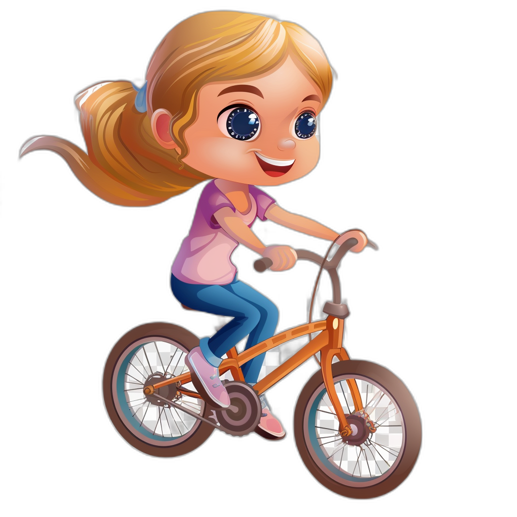 A cute cartoon girl riding a bicycle in the style of david w, clip art style, isolated on a black background, flat illustration. A hyper realistic, high resolution illustration.