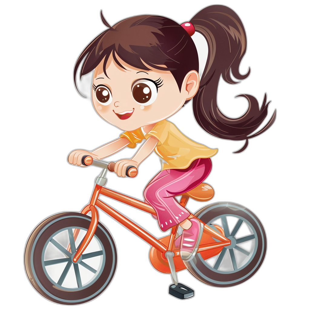 A cute girl is riding an orange bike. She has brown hair in pigtails and big eyes. The style is cartoon, with a vector design on a black background. The image is high resolution and high detail. It is colorful and in a sticker art style, with no shadows on the character’s body.