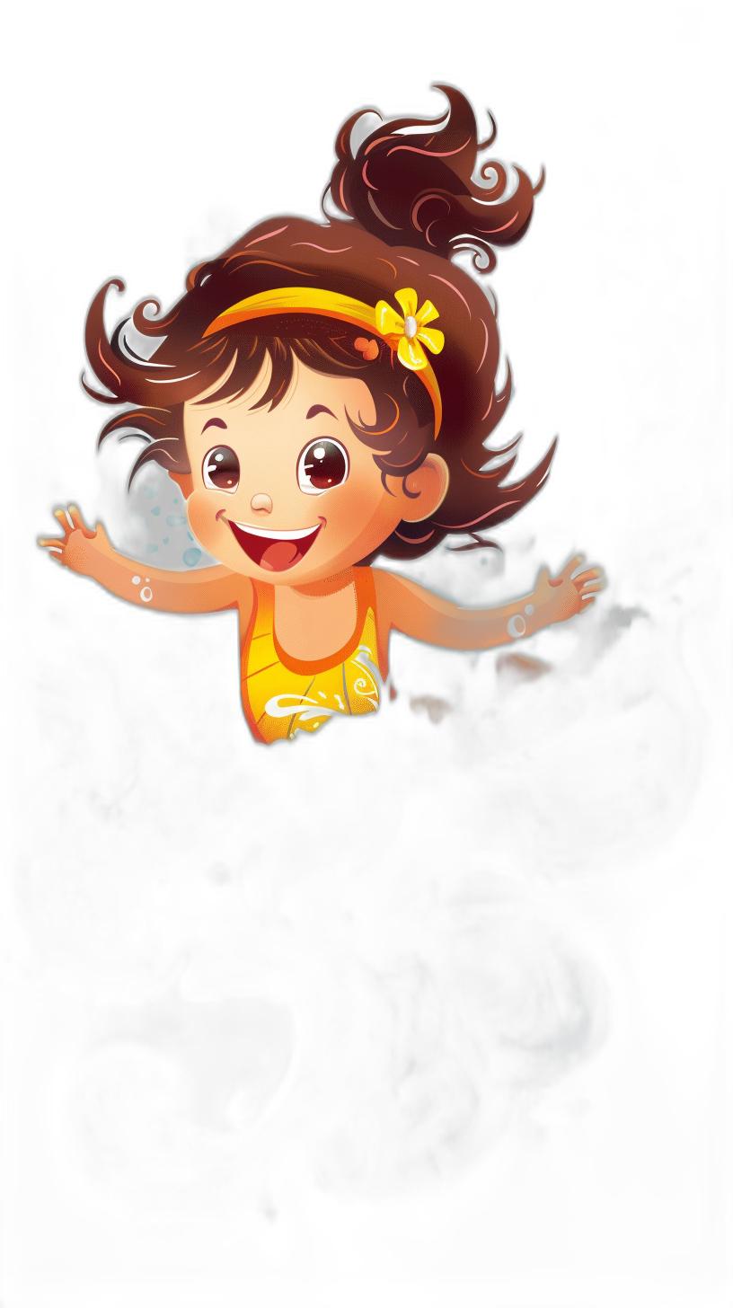 A cute little girl in a yellow swimming costume with brown hair and a flower on her head is jumping into the dark black water, in a cartoon style, in the style of Disney Pixar, with a black background, in a 2D flat design, with a cute face, big eyes, a smiling mouth, simple details, simple lines, her cute hands spread out, bright colors, colorful lights, a happy atmosphere, shown from the front view.