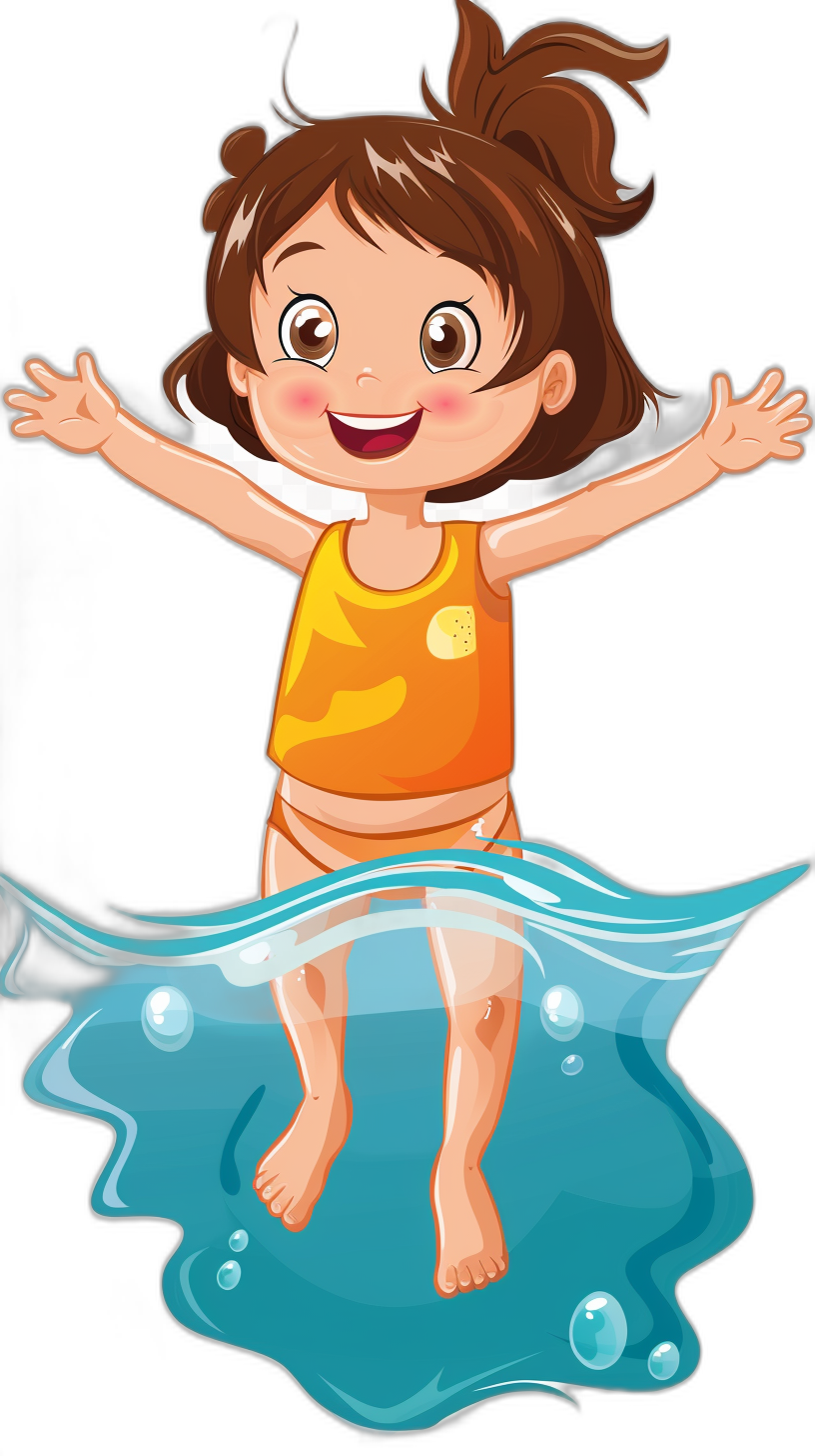 Cute cartoon girl standing on water, smiling and waving her arms around in the air. Vector illustration with black background. The little child is wearing swimming suit and has brown hair. She appears to be jumping or floating above the blue liquid. This design could symbolize fun at summer lakeside events or beach adventures. Isolated vector art of cute baby girls jumping into pool for tshirt print design. Cartoon character. Cute kid in swim costume with hands up