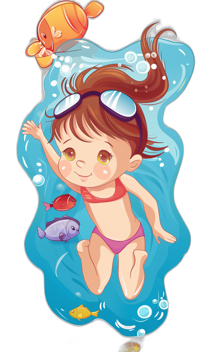 Sticker Design in the style of a Cartoon Style of a cute little girl swimming in the sea with swim goggles and beach outfit. She has brown hair and big eyes wearing a red swim halter suit. The background is blue water with colorful fish swimming around her. Black Background, Vector Illustration, Detailed, HD