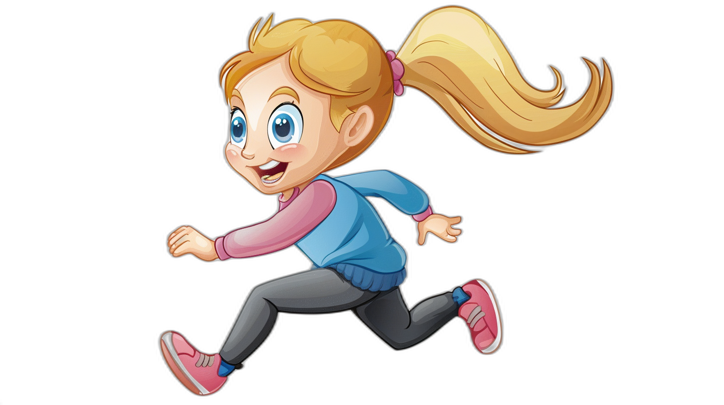 A cartoon girl with blonde hair in a ponytail, blue eyes and a pink shirt running on a black background, full body in the style of an anime artist.